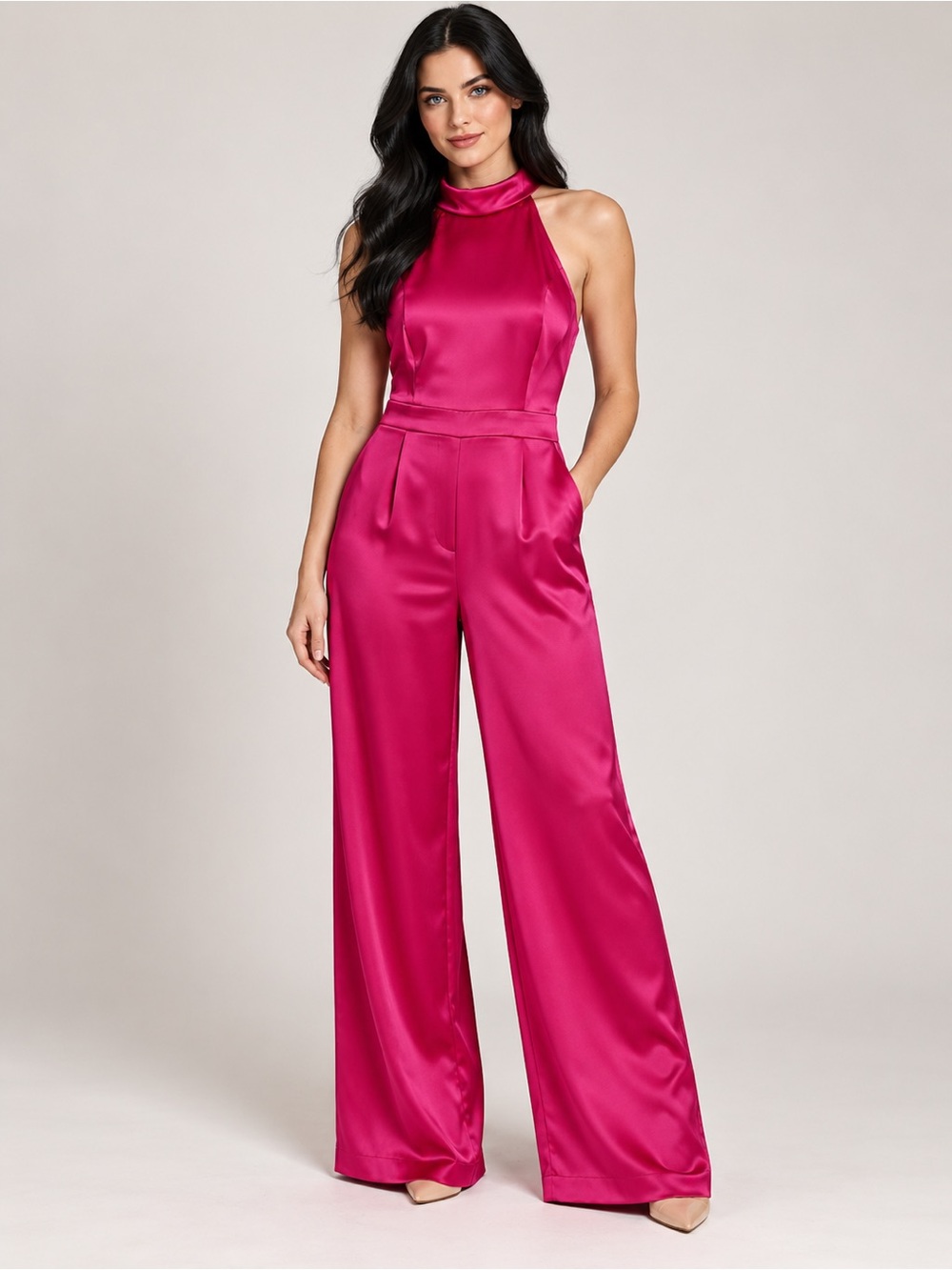 Rachel Zoe Fuchsia Halter Satin Wide-Leg Jumpsuit